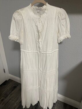 Charter Club Boho White Cotton/Rayon Midi Dress with Pintuck & Lace Details PS